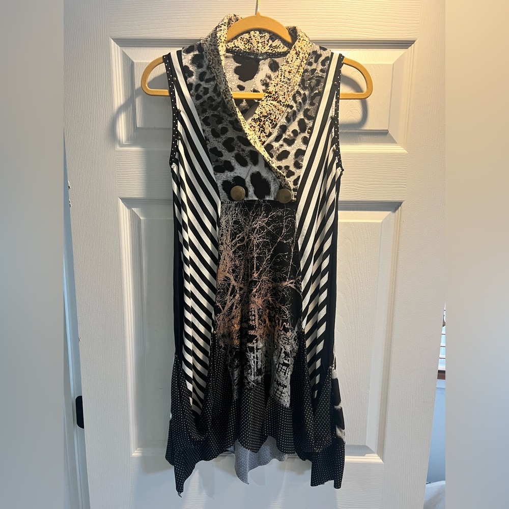 BrazilRoxx Seven Waves Striped Button Dress Sleeveless Mixed Fabrics Boho